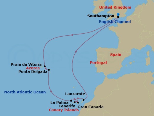 Route map: Southampton, England, UK → Praia da Vitoria, Azores,     Portugal → Ponta Delgada, Azores, Portugal → La Palma, Spain → Gran Canaria, Spain → Tenerife, Spain → Lanzarote, Spain → Southampton, England, UK
