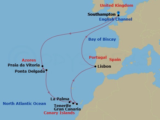 Route map: Southampton, England, UK → Praia da Vitoria, Azores,     Portugal → Ponta Delgada, Azores, Portugal → La Palma, Spain → Tenerife, Spain → Gran Canaria, Spain → Lisbon, Portugal → Southampton, England, UK