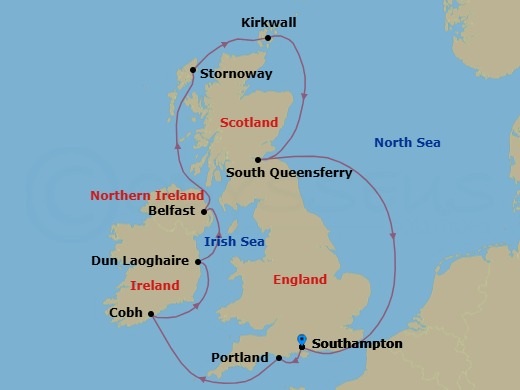 Route map: At Hotel → London (Southampton), England, Great Britain → Portland, England, Great Britain → Cork  Cobh, Ireland → Dublin  Dun Laoghaire  Ireland → Belfast, Northern Ireland, United Kingdom → Stornoway, Scotland, Great Britain → Kirkwall, Scotland, Great Britain → South Queensferry  Edinburgh, United Kingdom → London (Southampton), England, Great Britain