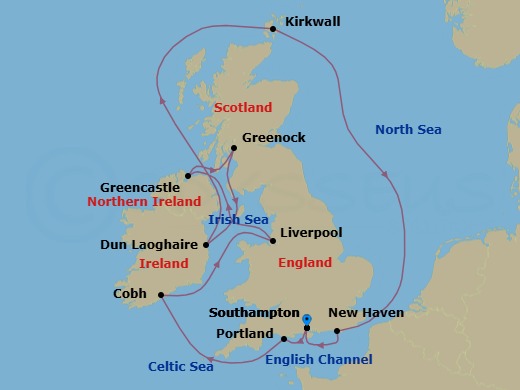 Route map: London (Southampton) → Portland → Cork (Cobh) → Liverpool → Greencastle → Glasgow (Greenock) → Dun Laoghaire → Kirkwall (Orkney Islands) → Edinburgh (Newhaven) → London (Southampton)