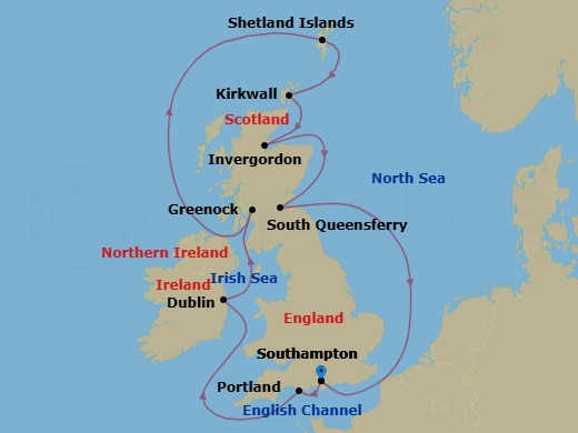 Route map: Southampton (for London), England → Portland, England → Dublin (Dun Laoghaire), Ireland → Glasgow (Greenock), Scotland → Shetland Islands (Lerwick), Scotland → Orkney Islands (Kirkwall), Scotland → Invergordon, Scotland → Edinburgh (South Queensferry), Scotland → Southampton (for London), England