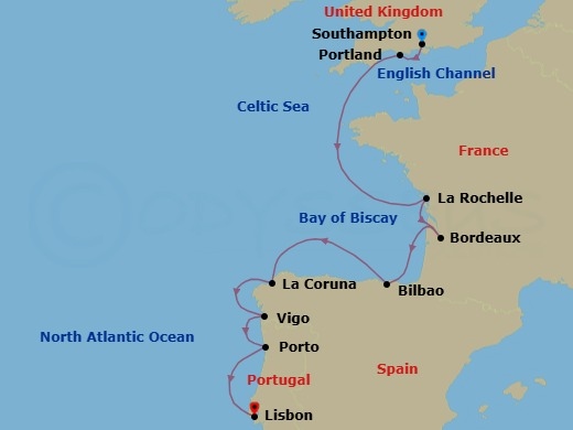 Route map: London (Southampton) → Portland → La Rochelle → Bordeaux → Bilbao → La Coruna → Santiago De Compostela (Vigo) → Oporto → Lisbon