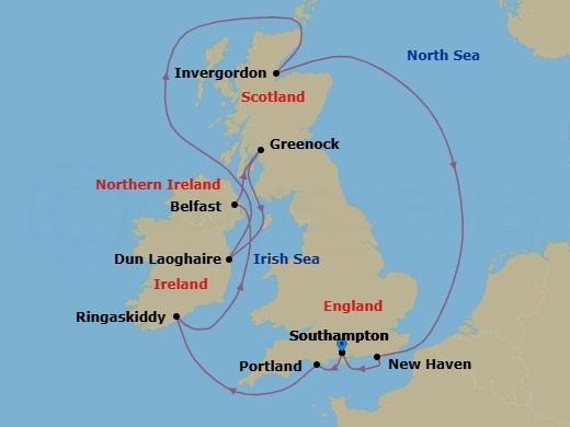 Route map: London (Southampton), England, Great Britain → Portland, England, Great Britain → Ringaskiddy   Cork   Ireland → Belfast, Northern Ireland, United Kingdom → Glasgow (Greenock), Scotland, Great Britain → Dublin  Dun Laoghaire  Ireland → Invergordon (Inverness), Great Britain → Edinburgh (Newhaven), Scotland, United Kingdom → London (Southampton), England, Great Britain