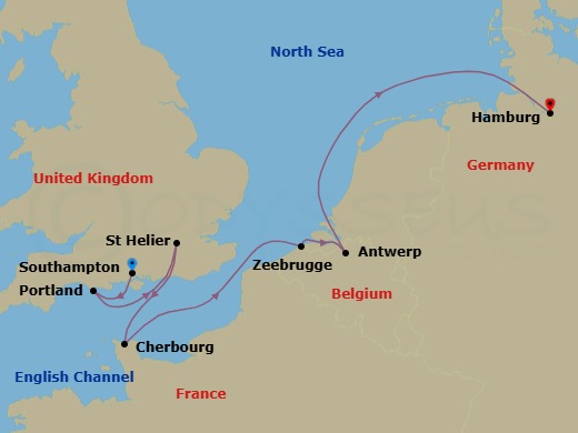 Route map: Southampton (London), England → Portland, England, United Kingdom → Saint Helier, Jersey → Cherbourg (Normandy), France → Zeebrugge (Brussels), Belgium → Antwerp, Belgium → Hamburg, Germany