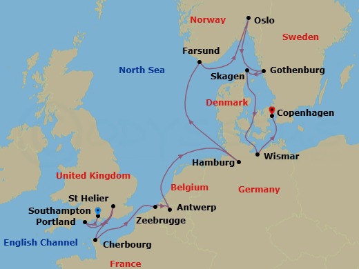 Route map: Southampton (London), England → Portland, England, United Kingdom → Saint Helier, Jersey → Cherbourg (Normandy), France → Zeebrugge (Brussels), Belgium → Antwerp, Belgium → Hamburg, Germany → Farsund, Norway → Oslo, Norway → Gothenburg, Sweden