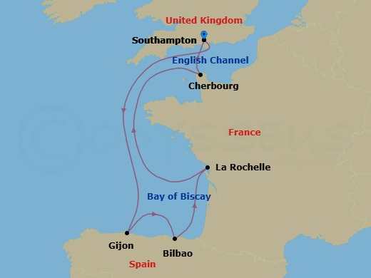 Route map: Southampton, England, UK → Gijon, Spain → Getxo (Tours To Bilbao), Spain → La Rochelle, France → Cherbourg, France → Southampton, England, UK