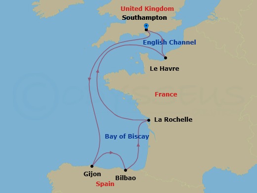 Route map: Southampton, England, UK → Gijon, Spain → Getxo (Tours To Bilbao), Spain → La Rochelle, France → Le Havre, France → Southampton, England, UK
