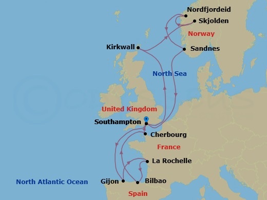 Route map: Southampton (London) United Kingdom → Gijon Spain → La Rochelle France → Bilbao Spain → Cherbourg (Mt St Michel) France → Southampton (London) United Kingdom → Kirkwall (Orkney Is) United Kingdom → Skjolden Norway → Nordfjordeid Norway → Sandnes Norway