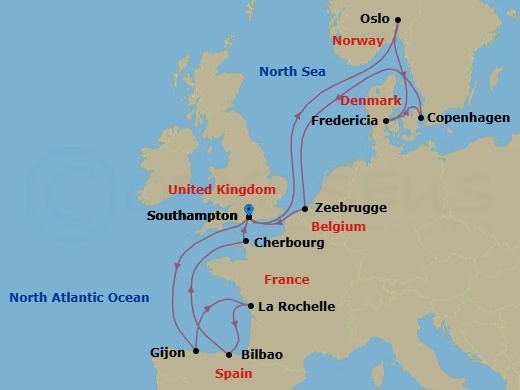 Route map: Southampton (London) United Kingdom → Gijon Spain → La Rochelle France → Bilbao Spain → Cherbourg (Mt St Michel) France → Southampton (London) United Kingdom → Oslo Norway → Fredericia Denmark → Copenhagen Denmark → Zeebrugge (Bruges) Belgium