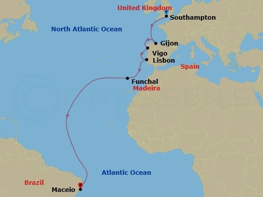 Route map: Southampton (London) United Kingdom → Gijon Spain → Vigo (Santiago de Compostela) Spain → Lisbon (Cascais) Portugal → Funchal (Madeira Is) Portugal → Maceio Brazil