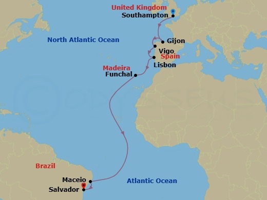 Route map: Southampton → Gijon → Vigo → Lisbon → Funchal → Maceio → Salvador