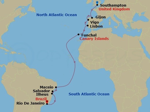 Route map: Southampton (London) United Kingdom → Gijon Spain → Vigo (Santiago de Compostela) Spain → Lisbon (Cascais) Portugal → Funchal (Madeira Is) Portugal → Maceio Brazil → Salvador Brazil → Ilheus Brazil → Rio de Janeiro Brazil