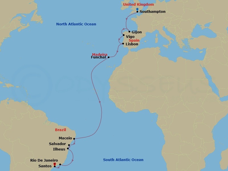 Route map: Southampton → Gijon → Vigo → Lisbon → Funchal → Maceio → Salvador → Ilheus → Rio De Janeiro → Santos