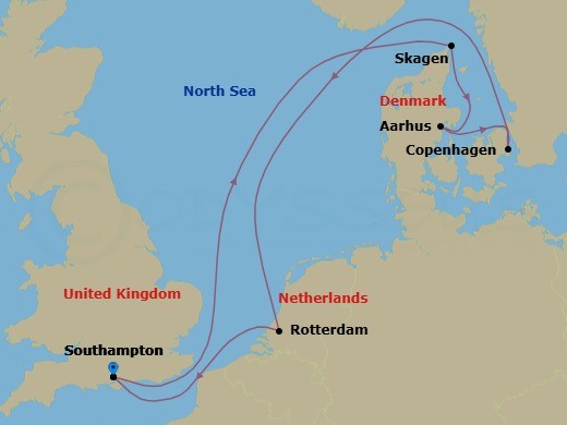 Route map: Southampton (London) United Kingdom → Skagen Denmark → Aarhus Denmark → Copenhagen Denmark → Rotterdam (Amsterdam) Netherlands → Southampton (London) United Kingdom