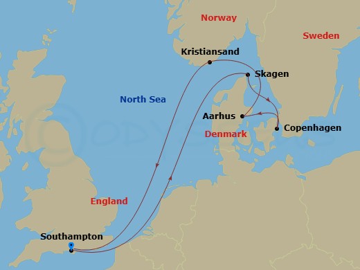 Route map: Southampton, England, UK → Skagen, Denmark → Copenhagen, Denmark → Aarhus, Denmark → Kristiansand, Norway → Southampton, England, UK
