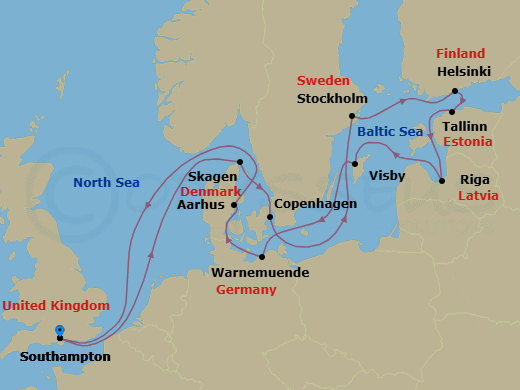 Route map: London (Southampton) → Skagen → Copenhagen → Stockholm → Helsinki → Tallinn → Riga → Visby → Berlin (Warnemunde) → Aarhus