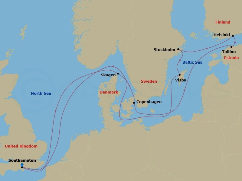 Route map: Southampton, England → Skagen, Denmark → Copenhagen, Denmark → Tallinn, Estonia → Helsinki, Finland → Stockholm, Sweden → Visby, Sweden → Southampton, England
