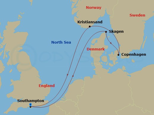 Route map: Southampton, England, UK → Skagen, Denmark → Copenhagen, Denmark → Kristiansand, Norway → Southampton, England, UK