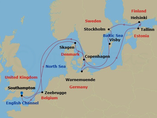 Route map: Southampton (for London), England → Skagen, Denmark → Copenhagen, Denmark → Warnemunde (for Berlin), Germany → Tallinn, Estonia → Helsinki, Finland → Stockholm, Sweden → Visby, Sweden → Zeebrugge (for Brussels/Bruges), Belgium → Southampton (for London), England