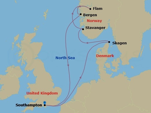 Route map: Southampton → Skagen → Stavanger → Flam → Bergen → Southampton