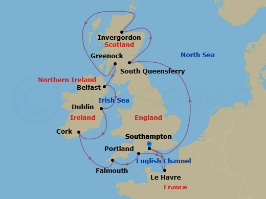 Route map: Southampton (for London), England → Edinburgh (South Queensferry), Scotland → Invergordon, Scotland → Glasgow (Greenock), Scotland → Belfast, Northern Ireland → Dublin (Dun Laoghaire), Ireland → Cork, Ireland (Cobh - For Blarney Castle) → Cornwall (Falmouth), England → Portland, England → Le Havre (for Paris/Normandy), France