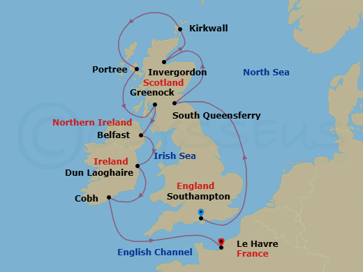 Route map: London (Southampton) → Edinburgh (South Queensferry) → Invergordon → Kirkwall (Orkney Islands) → Portree (Isle Of Skye) → Glasgow (Greenock) → Belfast → Dublin (Dun Laoghaire) → Cork (Cobh) → Paris (Le Havre)