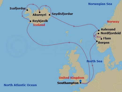 Route map: Southampton, England → Reykjavik, Iceland → Isafjordur, Iceland → Akureyri, Iceland → Seydisfjordur, Iceland → Alesund, Norway → Flam, Norway → Nordfjordeid, Norway → Bergen, Norway → Southampton, England