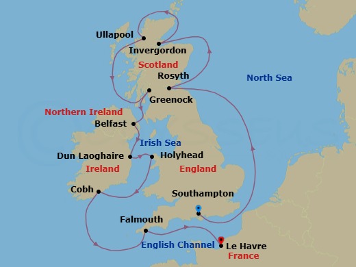 Route map: London (Southampton) → Edinburgh (Rosyth) → Invergordon → Ullapool → Glasgow (Greenock) → Belfast → Dublin (Dun Laoghaire) → Holyhead → Cork (Cobh) → Falmouth (Cornwall)