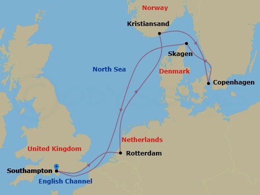 Route map: Southampton → Rotterdam (Amsterdam) → Kristiansand → Copenhagen → Skagen → Southampton