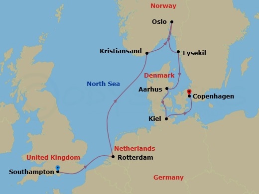 Route map: London (Southampton) → Rotterdam → Kristiansand → Oslo → Lysekil → Aarhus → Kiel → Copenhagen