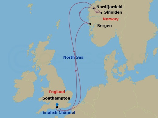 Route map: Southampton (for London), England → Skjolden/Sognefjord, Norway → Nordfjordeid, Norway → Bergen, Norway → Southampton (for London), England