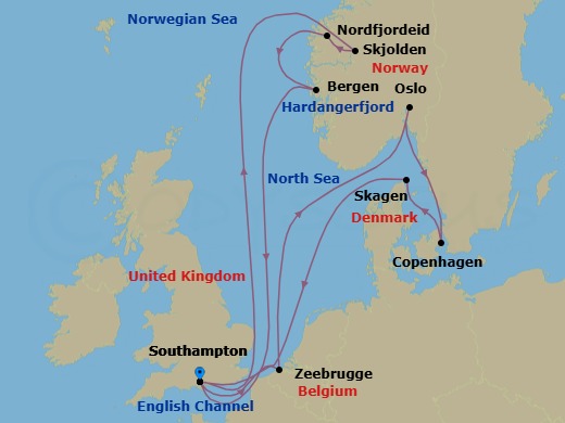 Route map: Southampton (for London), England → Skjolden/Sognefjord, Norway → Nordfjordeid, Norway → Bergen, Norway → Southampton (for London), England → Zeebrugge (for Brussels/Bruges), Belgium → Oslo, Norway → Copenhagen, Denmark → Skagen, Denmark → Southampton (for London), England