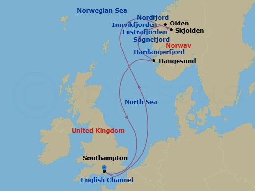 Route map: Southampton, England, UK → Skjolden, Norway → Olden, Norway → Haugesund, Norway → Southampton, England, UK