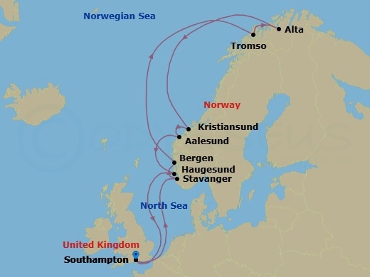 Route map: London (Southampton), England, Great Britain → Stavanger, Norway → Bergen, Norway → Tromso, Norway → Alta, Norway → Kristiansund, Norway → Alesund, Norway → Haugesund, Norway → London (Southampton), England, Great Britain