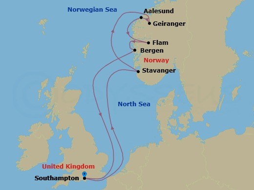 Route map: Southampton, England → Stavanger, Norway → Geiranger, Norway → Alesund, Norway → Flam, Norway → Bergen, Norway → Southampton, England