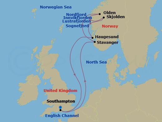 Route map: Southampton, England, UK → Stavanger, Norway → Olden, Norway → Skjolden, Norway → Haugesund, Norway → Southampton, England, UK
