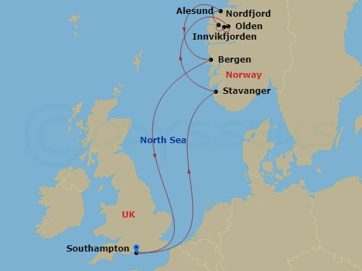 Route map: Southampton, England, UK → Stavanger, Norway → Olden, Norway → Alesund, Norway → Bergen, Norway → Southampton, England, UK