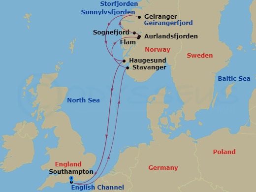Route map: Southampton, England, UK → Stavanger, Norway → Skjolden, Norway → Olden, Norway → Haugesund, Norway → Southampton, England, UK