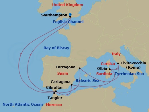 Route map: Southampton, England, UK → Tangier, Morocco → Tarragona, Spain → Civitavecchia (tours to Rome),Italy → Olbia, IT → Cartagena, Spain → Gibraltar → Southampton, England, UK