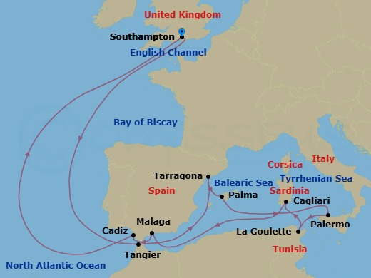 Route map: Southampton, England, UK → Tangier, Morocco → Tarragona, Spain → Palma De Mallorca, Spain → Palermo, Sicily, Italy → La Goulette (tours to Carthageor Tunis), Tunisia → Cagliari, Sardinia, Italy → Malaga (tours to Granada), Spain → Cadiz (tours to Seville), Spain → Southampton, England, UK