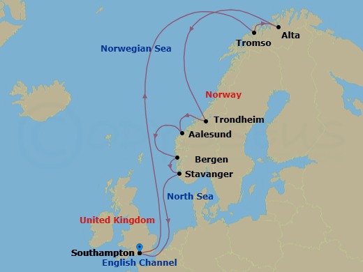 Route map: Southampton (for London), England → Tromso, Norway → Alta, Norway → Trondheim, Norway → Alesund, Norway → Bergen, Norway → Stavanger, Norway → Southampton (for London), England