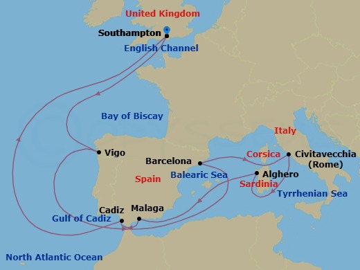 Route map: Southampton, England, UK → Vigo (tours to Santiago de Compostela), Spain → Barcelona, Spain → Civitavecchia (tours to Rome),Italy → Alghero, Sardinia, Italy → Malaga (tours to Granada), Spain → Cadiz (tours to Seville), Spain → Southampton, England, UK