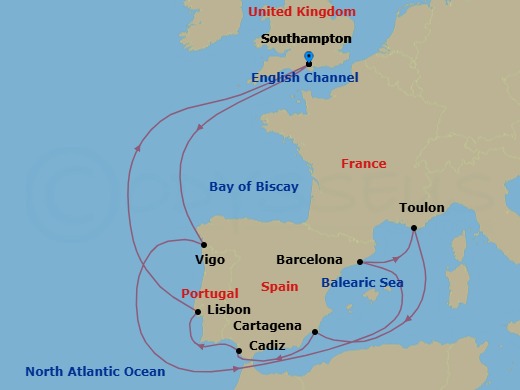 Route map: Southampton (for London), England → Vigo, Spain (for Santiago de Compostela) → Barcelona, Spain → Toulon/Provence (La Seyne), France → Cartagena, Spain → Total Solar Eclipse 2027 → Seville (Cadiz), Spain → Lisbon, Portugal → Southampton (for London), England