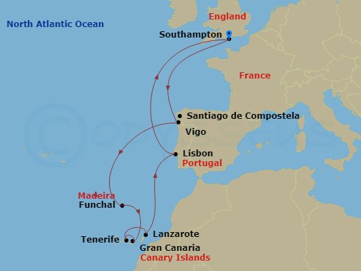 Route map: Southampton (London) United Kingdom → Vigo (Santiago de Compostela) Spain → Funchal (Madeira Is) Portugal → Las Palmas de GCanaria (Canary Is) Spain → Santa Cruz de Tenerife (Canary Is) Spain → Arrecife de Lanzarote (Canary Is) Spain → Lisbon (Cascais) Portugal → Southampton (London) United Kingdom