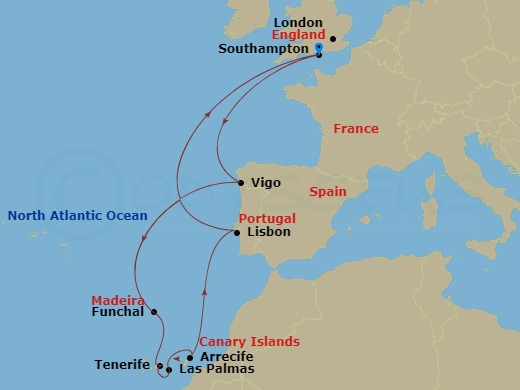 Route map: Southampton (for London), England → Vigo, Spain (for Santiago de Compostela) → Madeira (Funchal), Portugal → Santa Cruz De Tenerife, Spain → Gran Canaria (Las Palmas), Canary Islands → Lanzarote (Arrecife), Canary Islands → Lisbon, Portugal → Southampton (for London), England