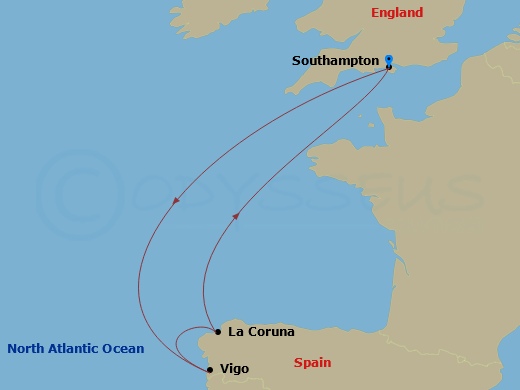 Route map: Southampton → Vigo → La Coruna → Southampton