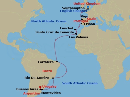 Route map: Southampton (for London), England → Vigo, Spain (for Santiago de Compostela) → Lisbon, Portugal → Madeira (Funchal), Portugal → Santa Cruz De Tenerife, Spain → Gran Canaria (Las Palmas), Canary Islands → Fortaleza, Brazil → Rio de Janeiro, Brazil → Montevideo, Uruguay → Buenos Aires, Argentina