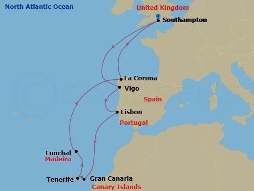 Route map: Southampton, England → Vigo, Spain → Lisbon, Portugal → Gran Canaria, Canary Islands → Tenerife, Canary Islands → Madeira (Funchal), Portugal → La Coruna, Spain → Southampton, England