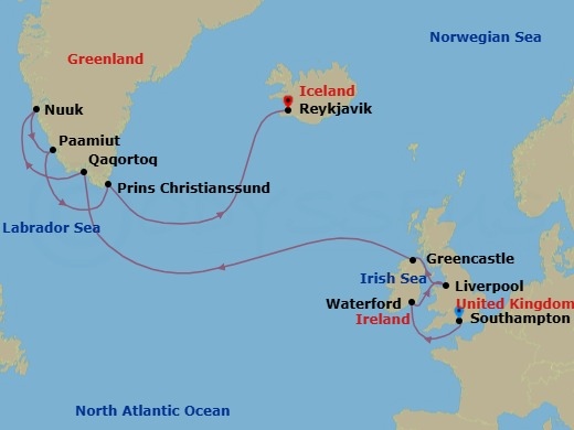 Route map: London (Southampton) → Waterford → Liverpool → Greencastle → Qaqortoq → Nuuk → Paamiut → Reykjavik