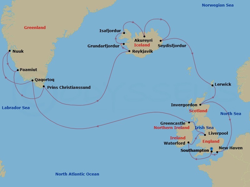 Route map: London (Southampton) → Waterford → Liverpool → Greencastle → Qaqortoq → Nuuk → Paamiut → Reykjavik → Grundarfjordur → Isafjordur